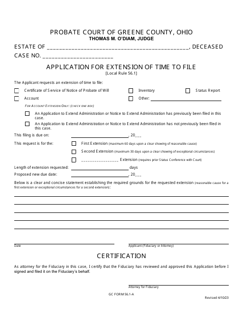 GC Form 56.1-A Application for Extension of Time to File - Estate Administration - Greene County, Ohio