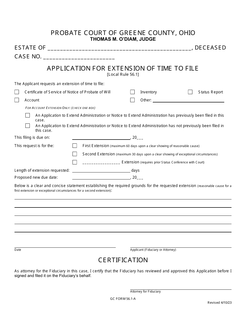 GC Form 56.1-A Application for Extension of Time to File - Estate Administration - Greene County, Ohio, Page 1