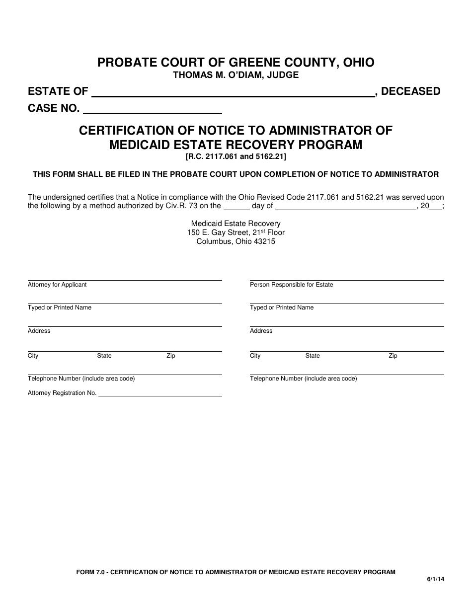 Form 7.0 Certification of Notice to Administrator of Medicaid Estate Recovery Program - Greene County, Ohio, Page 1
