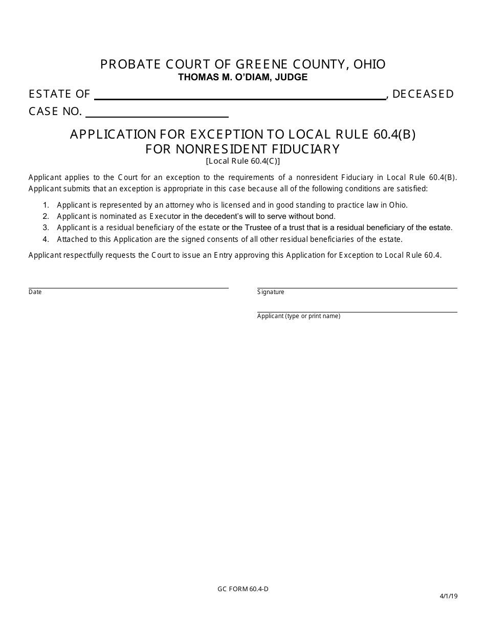 GC Form 60.4-D Application for Exception to Local Rule 60.4(B) for Nonresident Fiduciary - Greene County, Ohio, Page 1