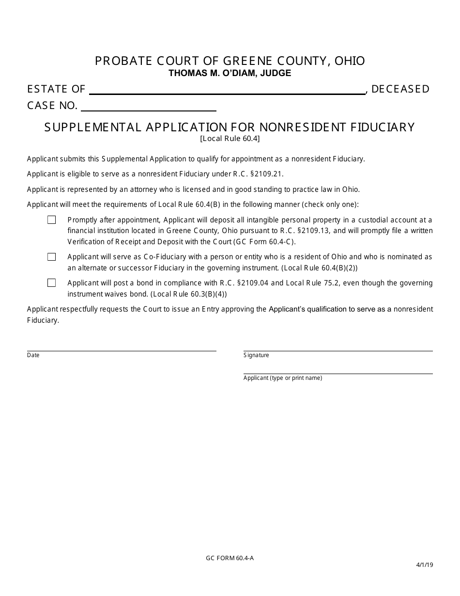 GC Form 60.4-A Supplemental Application for Nonresident Fiduciary - Greene County, Ohio, Page 1