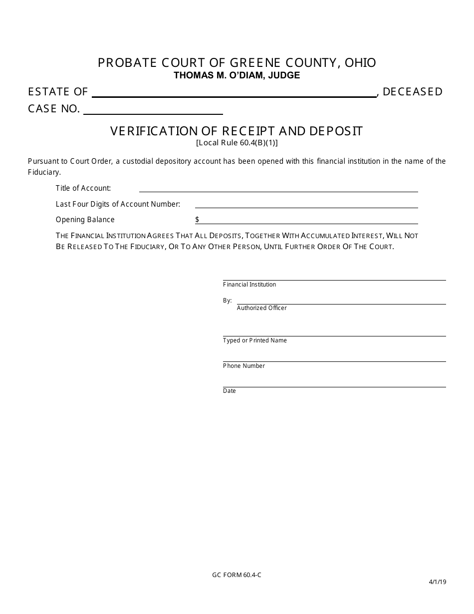 GC Form 60.4-C Verification of Receipt and Deposit - Estate Administration - Greene County, Ohio, Page 1