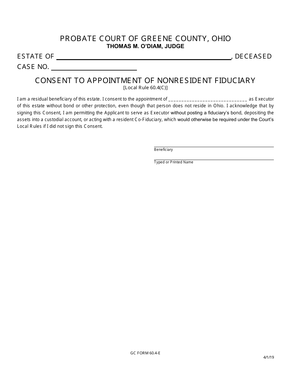 GC Form 60.4-E Consent to Appointment of Nonresident Fiduciary - Greene County, Ohio, Page 1