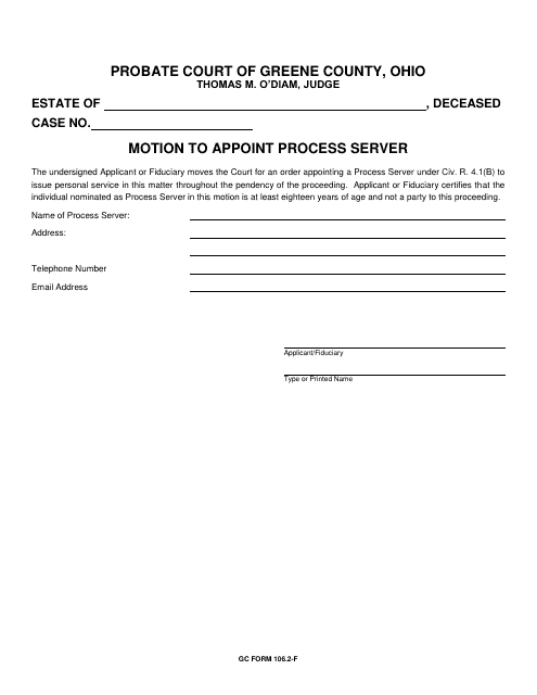 GC Form 106.2-F Motion to Appoint Process Server - Greene County, Ohio