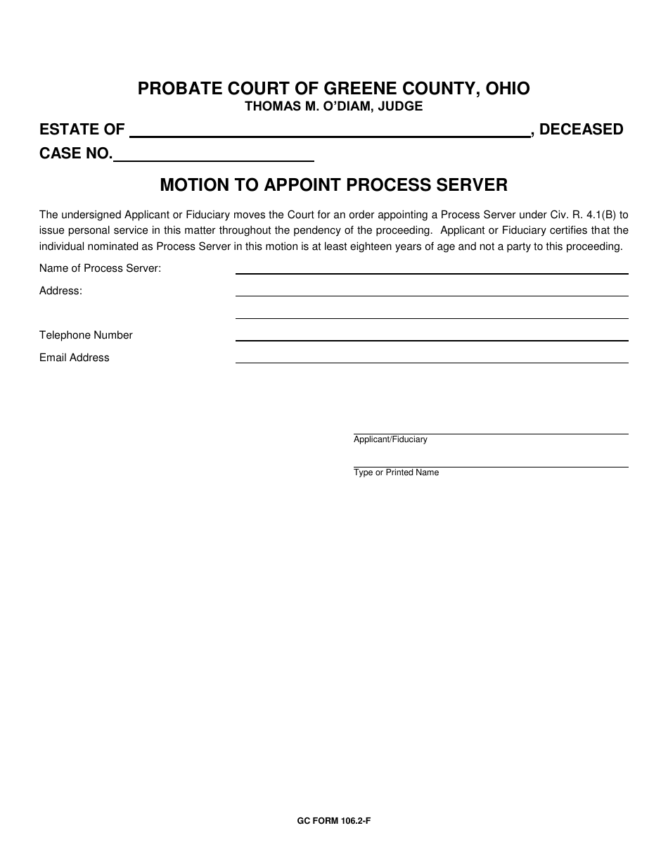 GC Form 106.2-F Motion to Appoint Process Server - Greene County, Ohio, Page 1