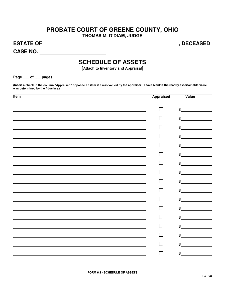Form 6.1 Schedule of Assets - Greene County, Ohio, Page 1
