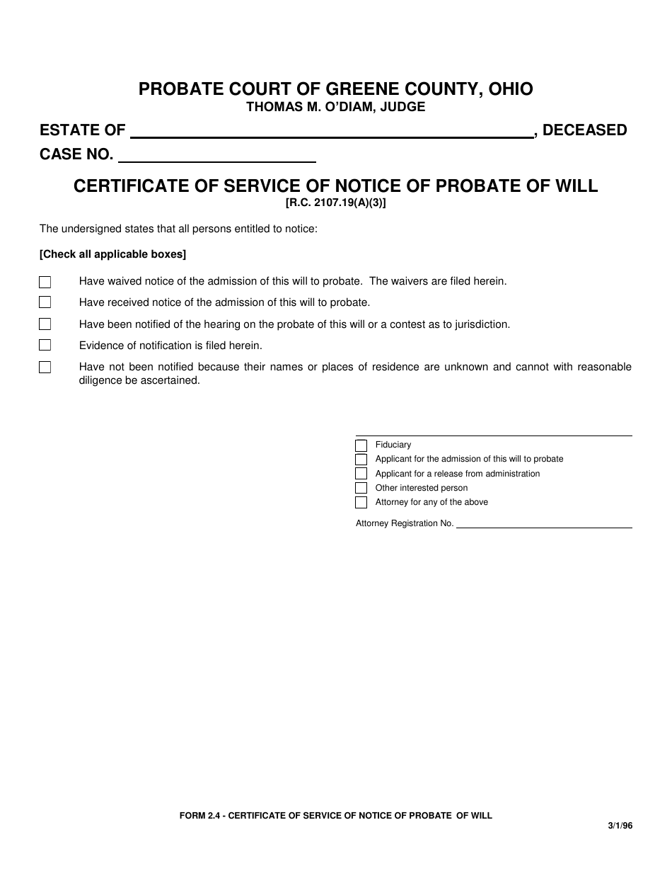 Form 2.4 Certificate of Service of Notice of Probate of Will - Greene County, Ohio, Page 1
