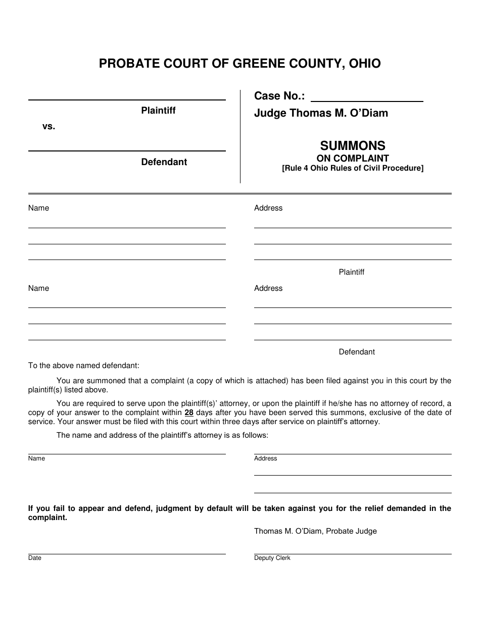 Summons on Complaint (Rule 4 Ohio Rules of Civil Procedure) - Greene County, Ohio, Page 1