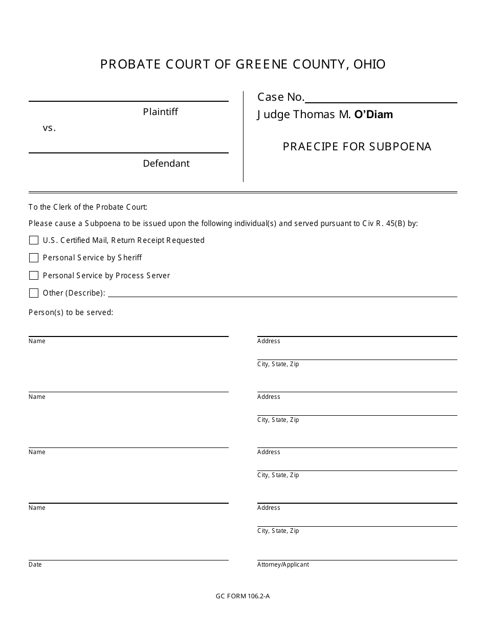 GC Form 106.2-A Praecipe for Subpoena - Civil / Miscellaneous - Greene County, Ohio, Page 1