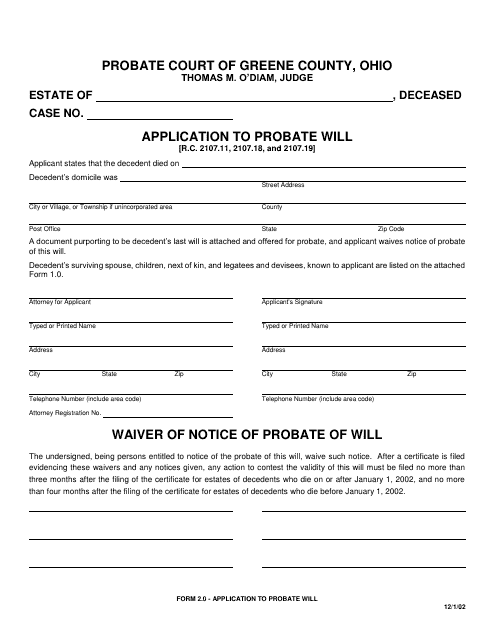 Form 2.0 Application to Probate Will - Greene County, Ohio