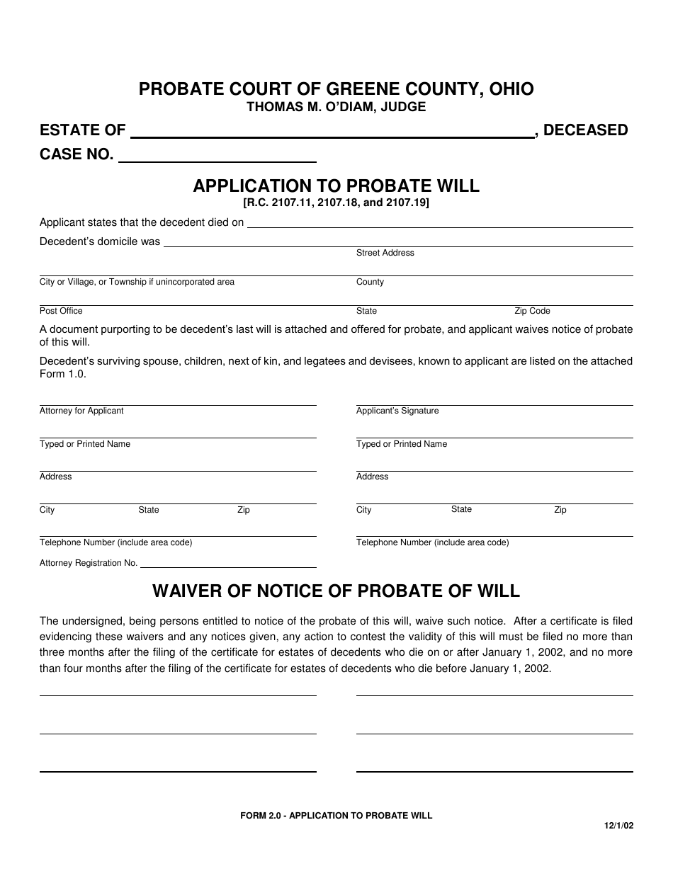 Form 2.0 Application to Probate Will - Greene County, Ohio, Page 1