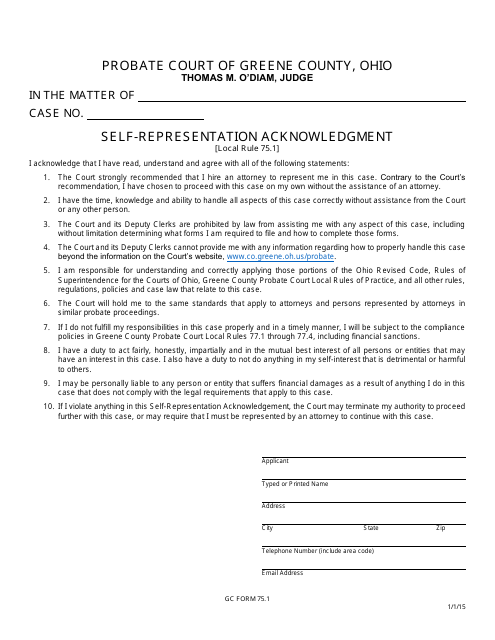 GC Form 75.1 Self-representation Acknowledgment - Civil/Miscellaneous - Greene County, Ohio
