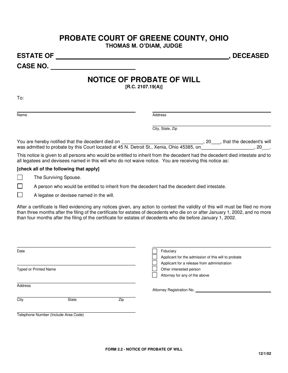 Form 2.2 Notice of Probate of Will - Greene County, Ohio, Page 1