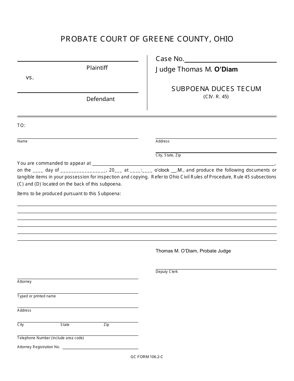 GC Form 106.2-C Subpoena Duces Tecum - Civil / Miscellaneous - Greene County, Ohio, Page 1