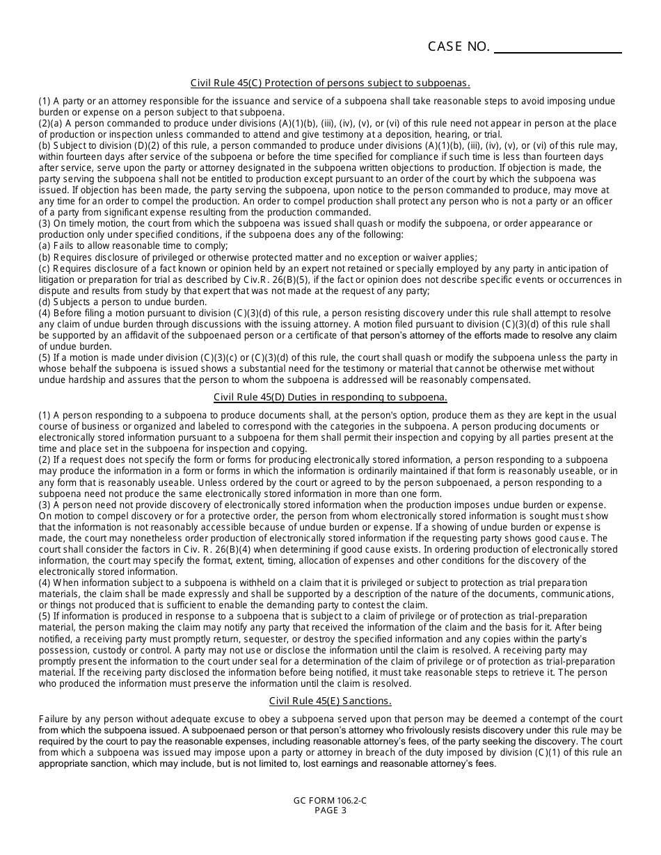 GC Form 106.2-C Subpoena Duces Tecum - Civil / Miscellaneous - Greene County, Ohio, Page 3