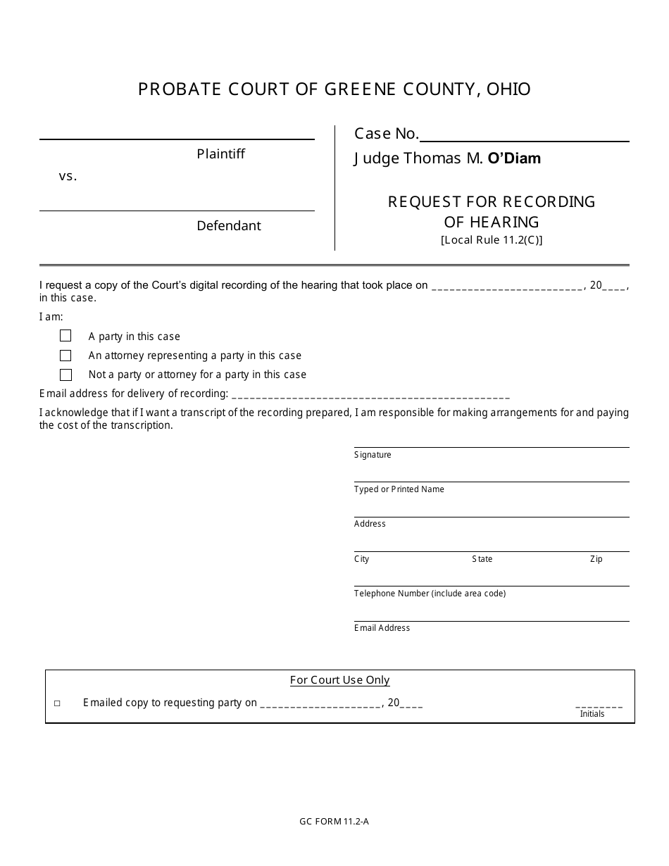 GC Form 11.2-A Request for Recording of Hearing - Estate Administration - Greene County, Ohio, Page 1