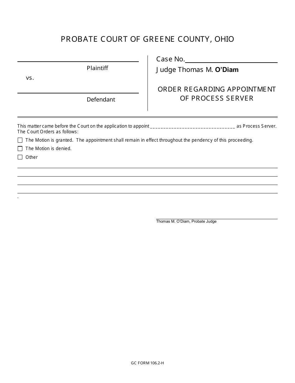 GC Form 106.2-H Order Regarding Appointment of Process Server - Civil / Miscellaneous - Greene County, Ohio, Page 1