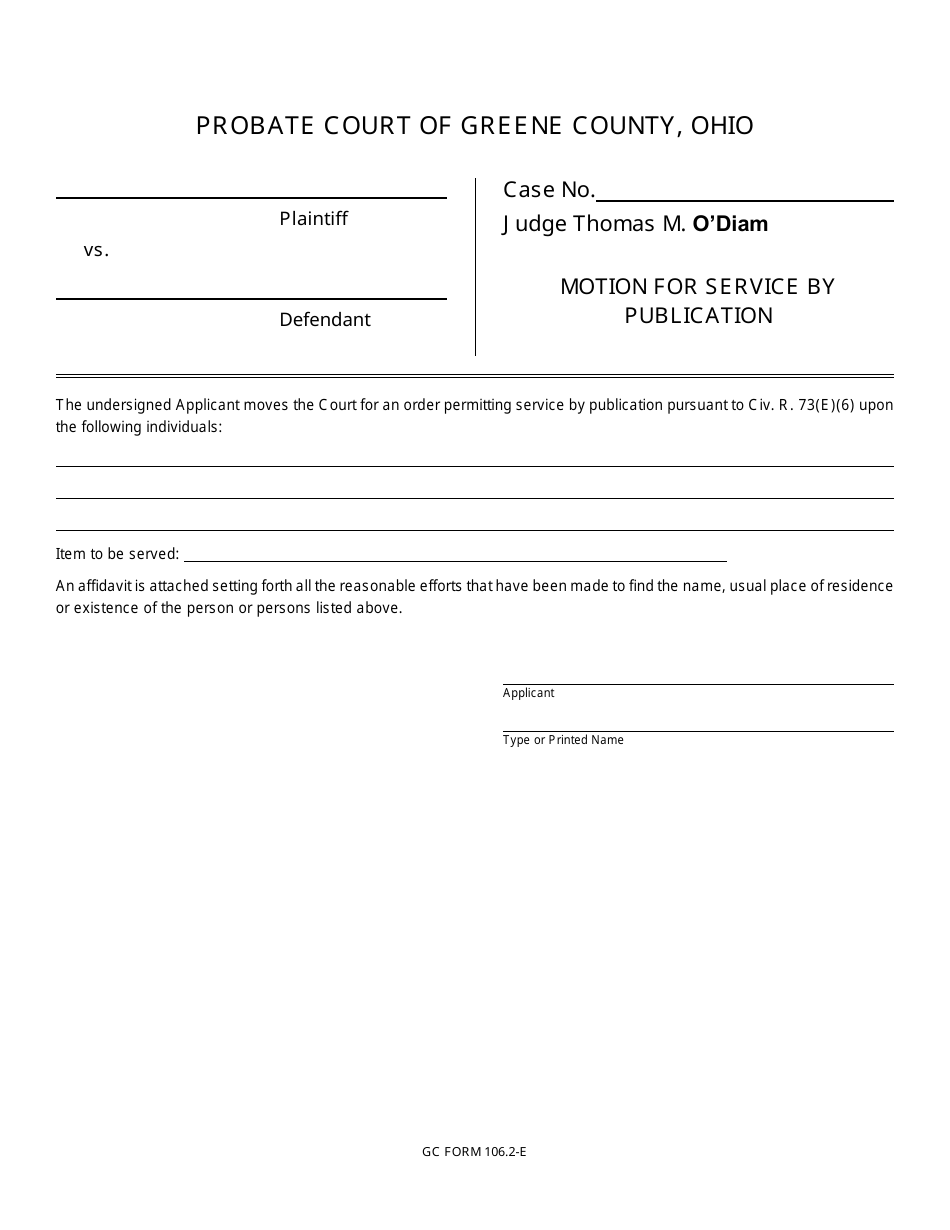 GC Form 106.2-E Motion for Service by Publication - Civil / Miscellaneous - Greene County, Ohio, Page 1