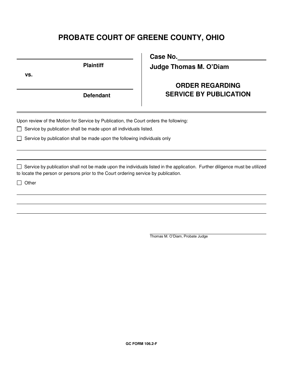 GC Form 106.2-F Order Regarding Service by Publication - Greene County, Ohio, Page 1