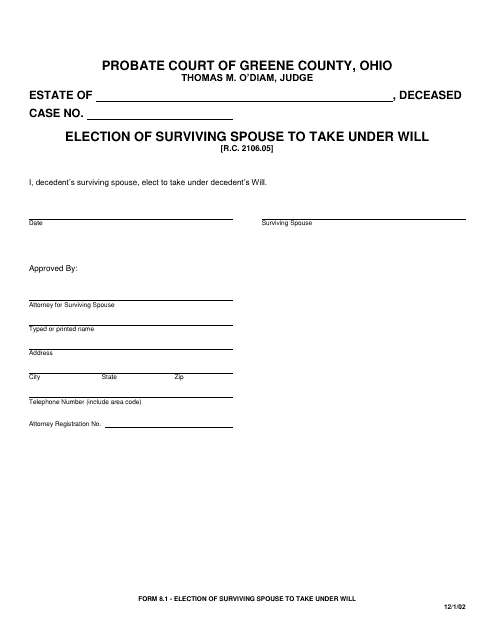 Form 8.1 Election of Surviving Spouse to Take Under Will - Greene County, Ohio