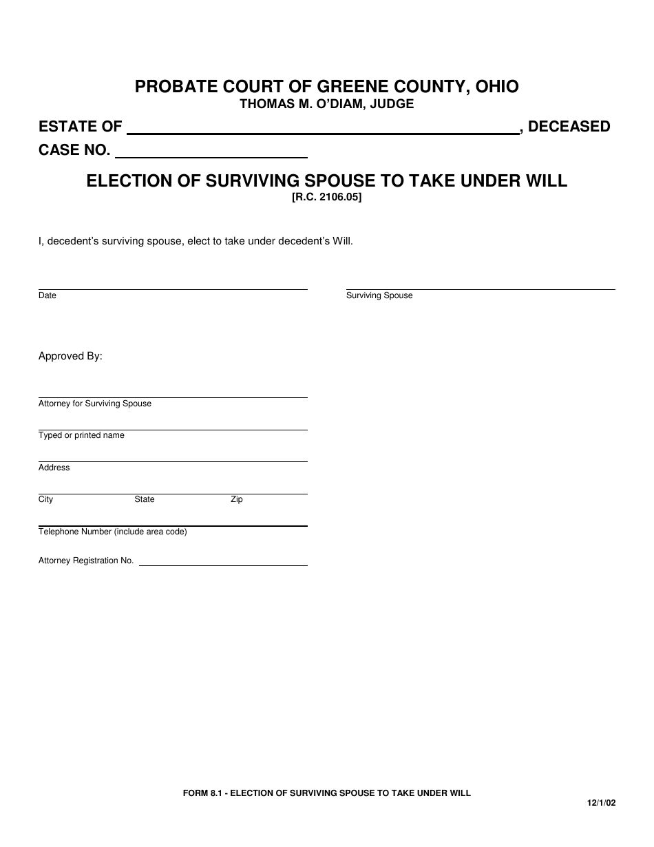 Form 8.1 Election of Surviving Spouse to Take Under Will - Greene County, Ohio, Page 1