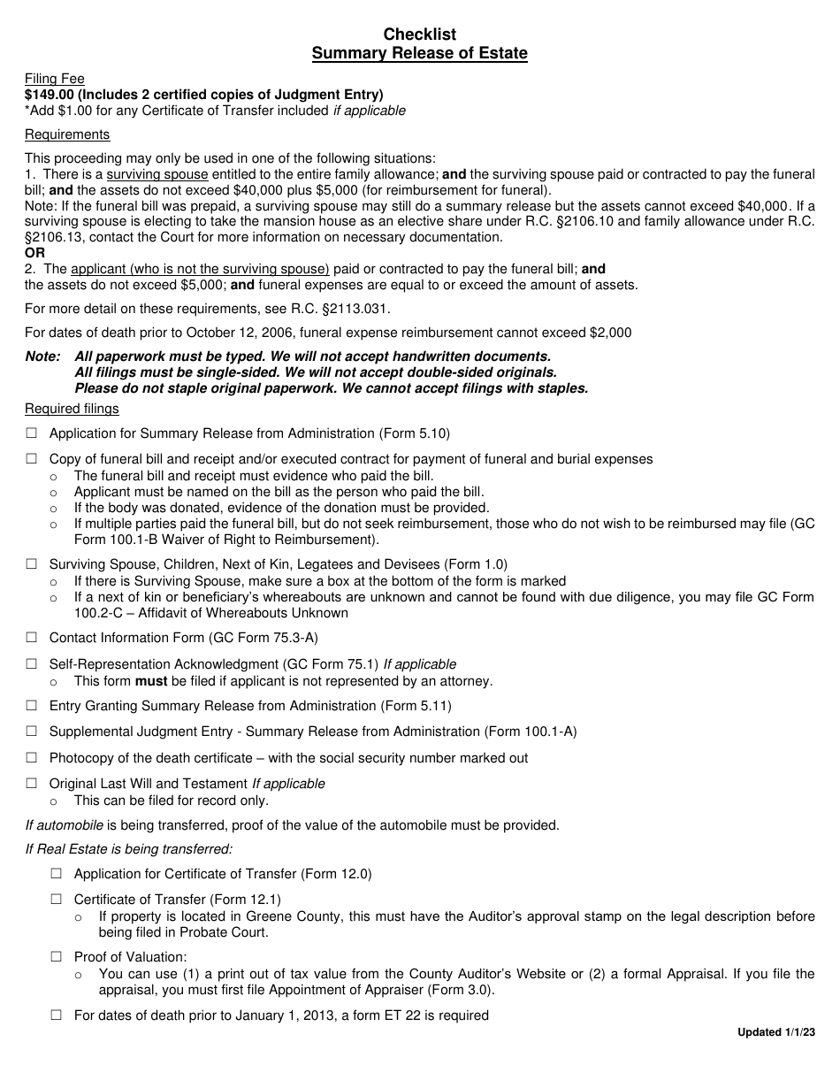 Checklist - Summary Release of Estate - Greene County, Ohio, Page 1