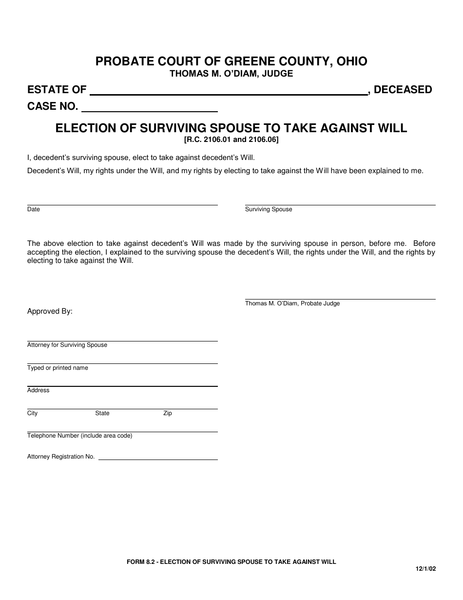 Form 8.2 Election of Surviving Spouse to Take Against Will - Greene County, Ohio, Page 1