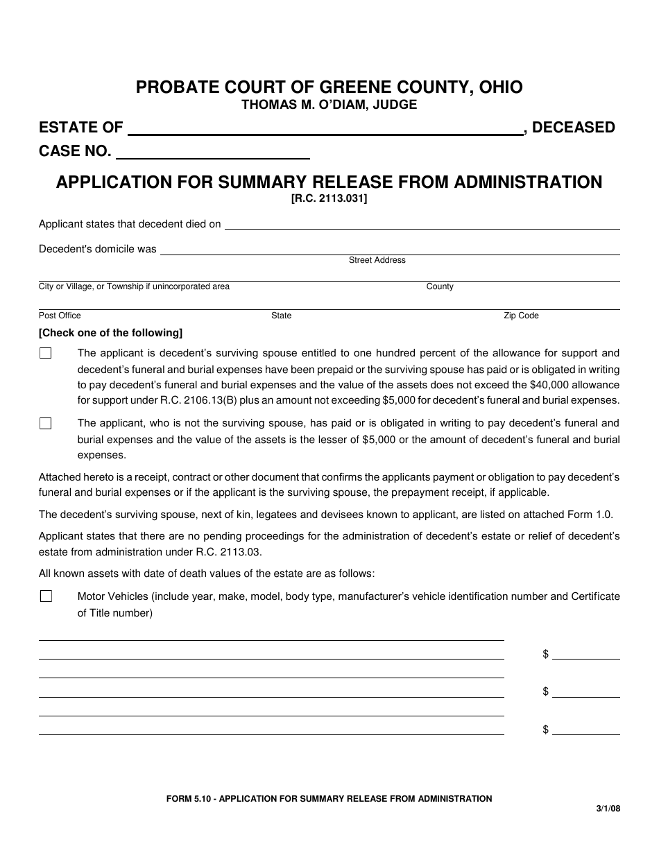 Form 5.10 Application for Summary Release From Administration - Greene County, Ohio, Page 1