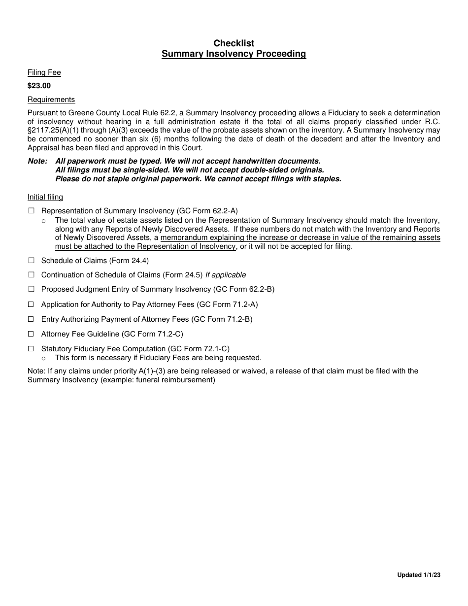 Checklist - Summary Insolvency Proceeding - Greene County, Ohio, Page 1