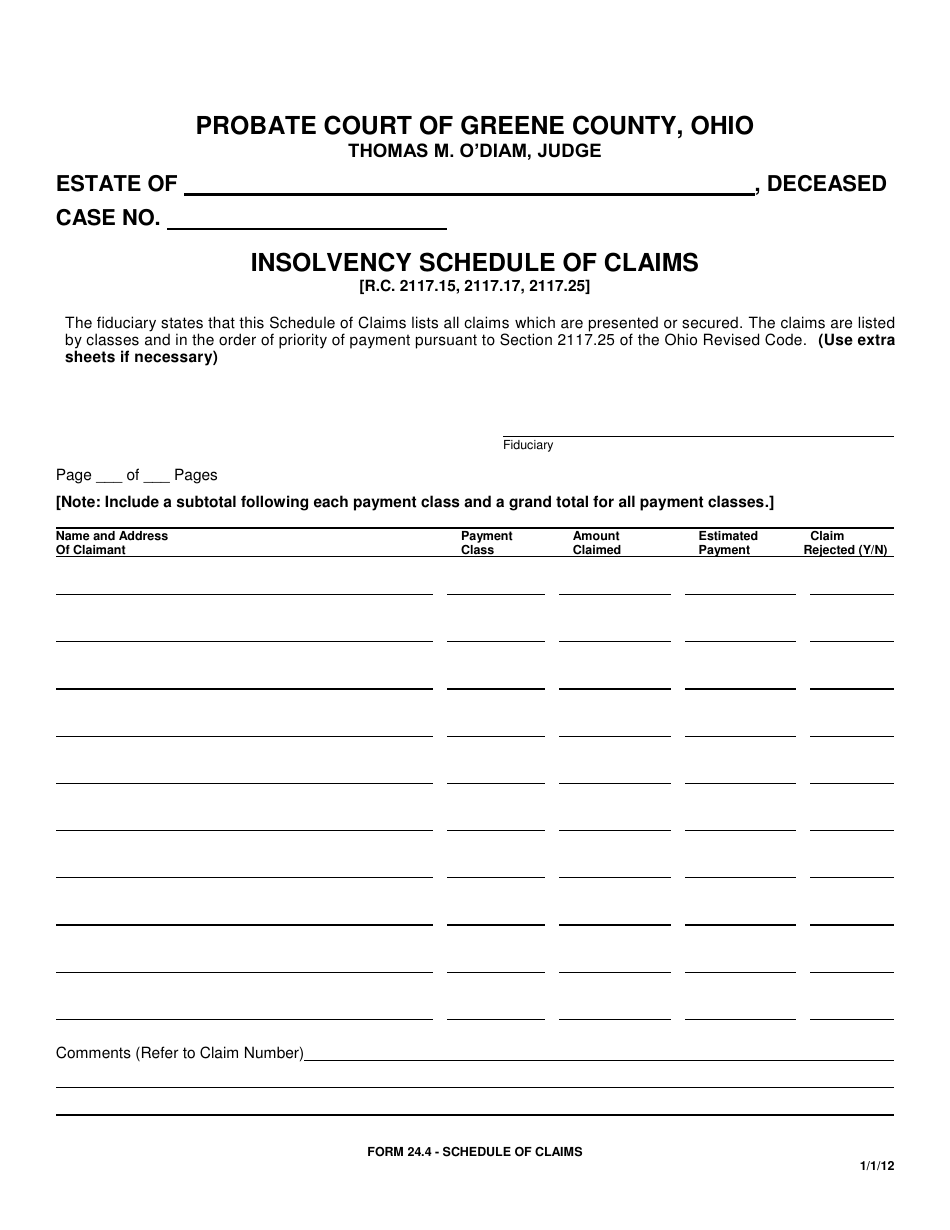Form 24.4 Insolvency Schedule of Claims - Greene County, Ohio, Page 1