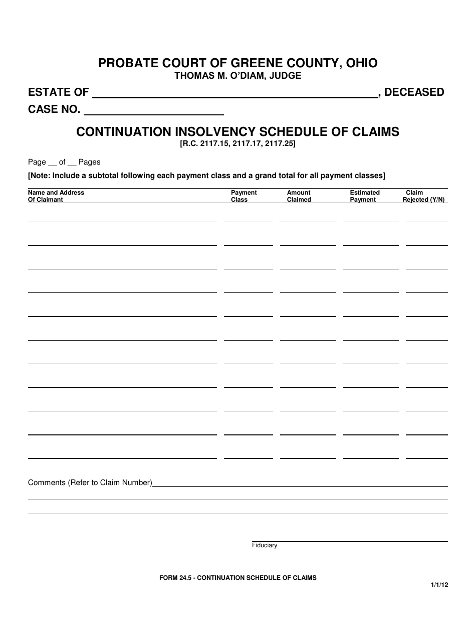 Form 24.5 Continuation Insolvency Schedule of Claims - Greene County, Ohio, Page 1
