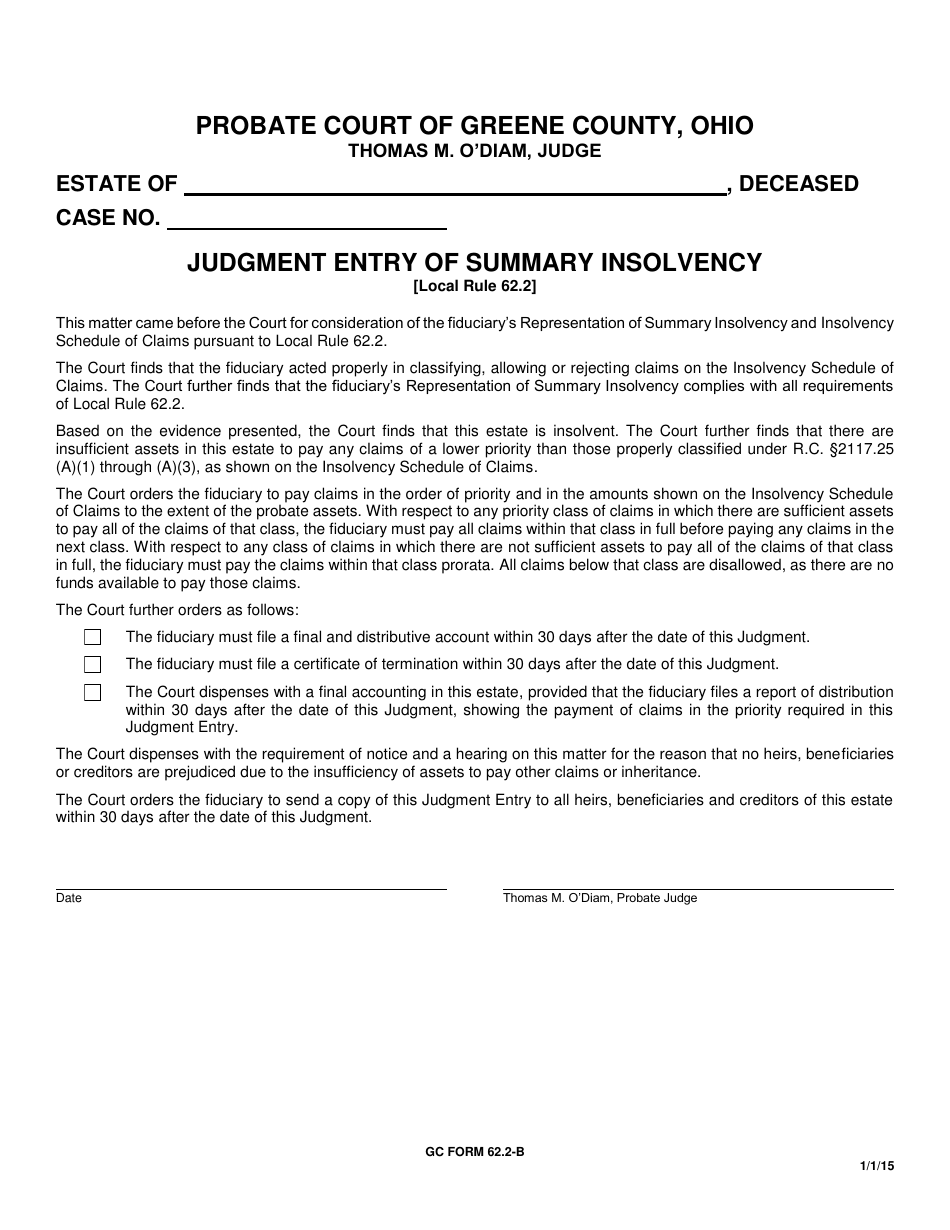 GC Form 62.2-B Judgment Entry of Summary Insolvency - Greene County, Ohio, Page 1