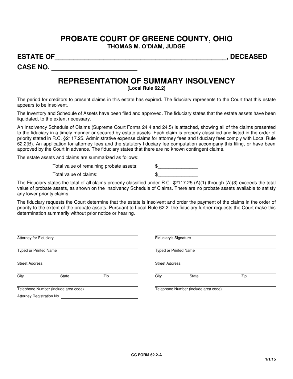 GC Form 62.2-A Representation of Summary Insolvency - Greene County, Ohio, Page 1