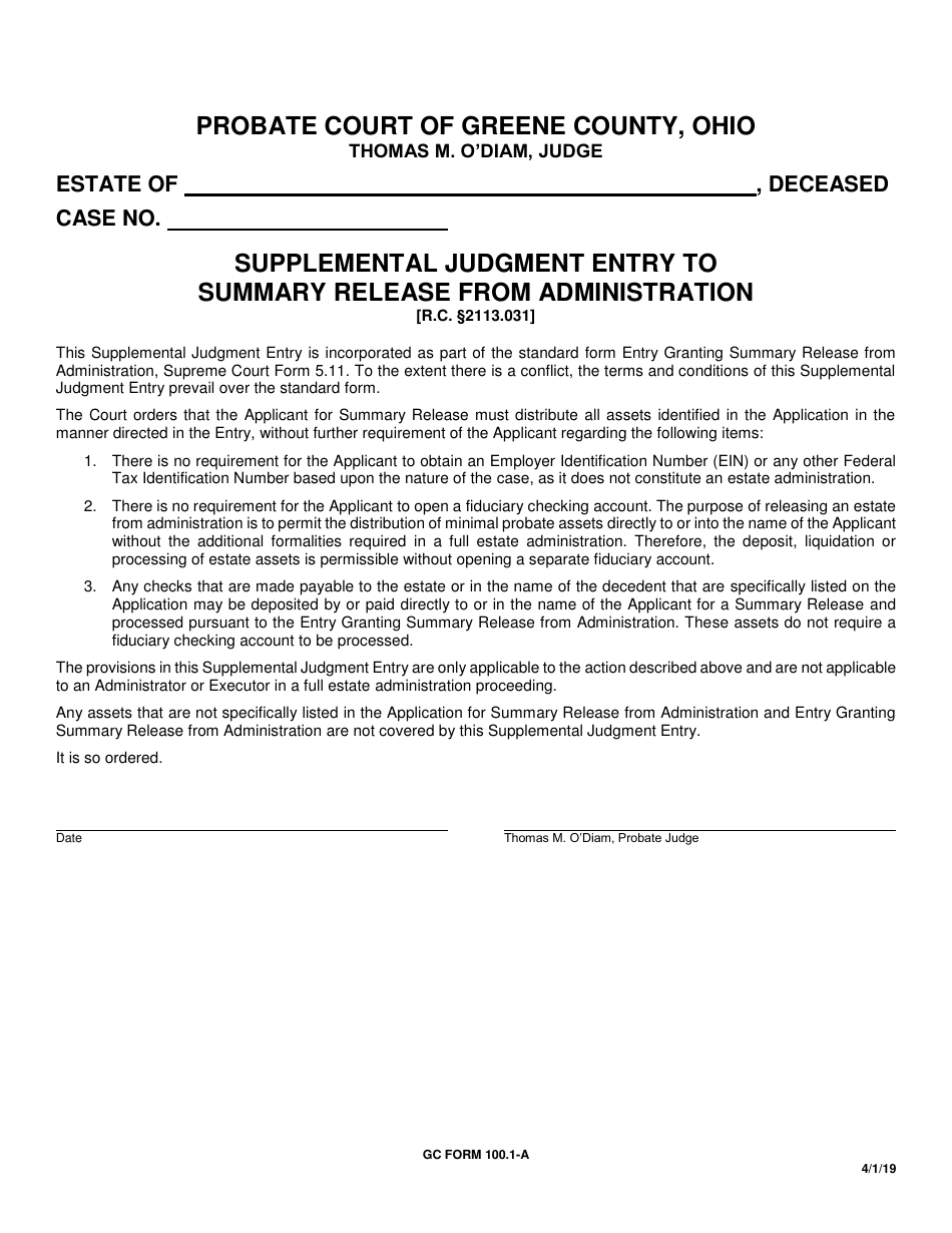 GC Form 100.1-A Supplemental Judgment Entry to Summary Release From Administration - Greene County, Ohio, Page 1