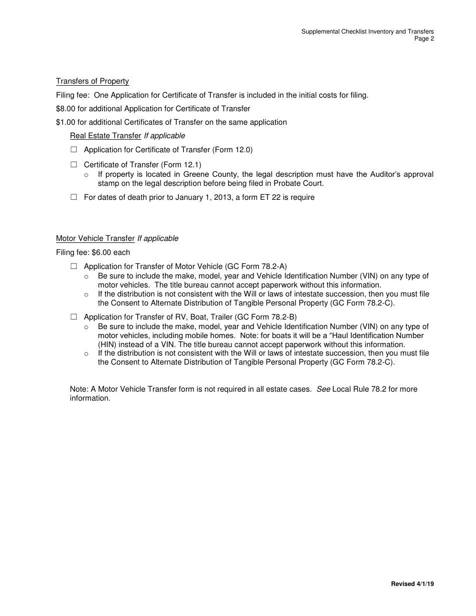 Supplemental Checklist - Inventory and Transfers - Full Administration - Greene County, Ohio, Page 2
