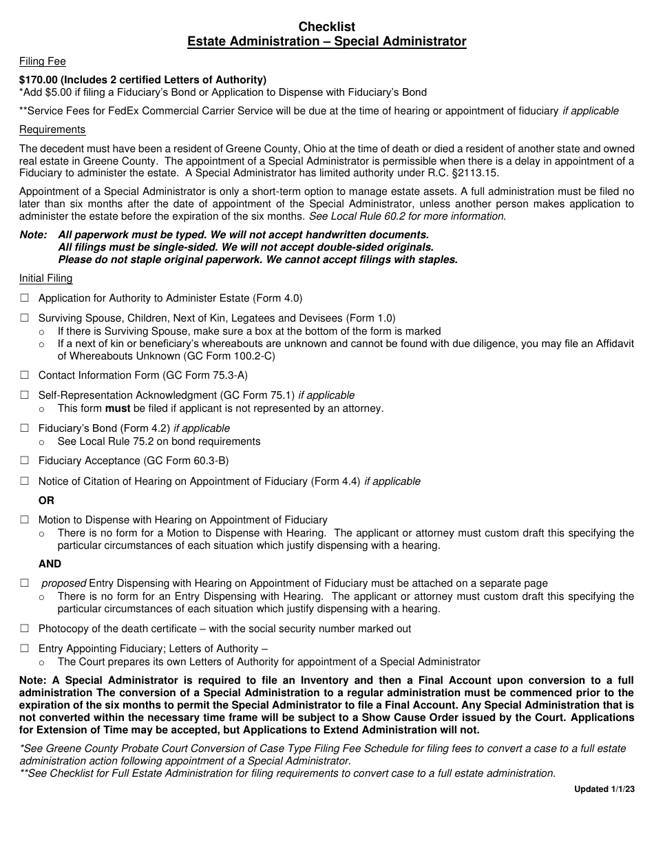 Checklist - Estate Administration - Special Administrator - Greene County, Ohio, Page 1
