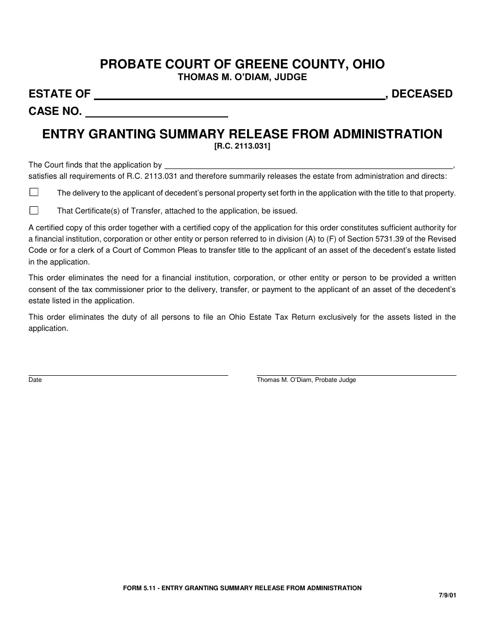Form 5.11 Entry Granting Summary Release From Administration - Greene County, Ohio, Page 1