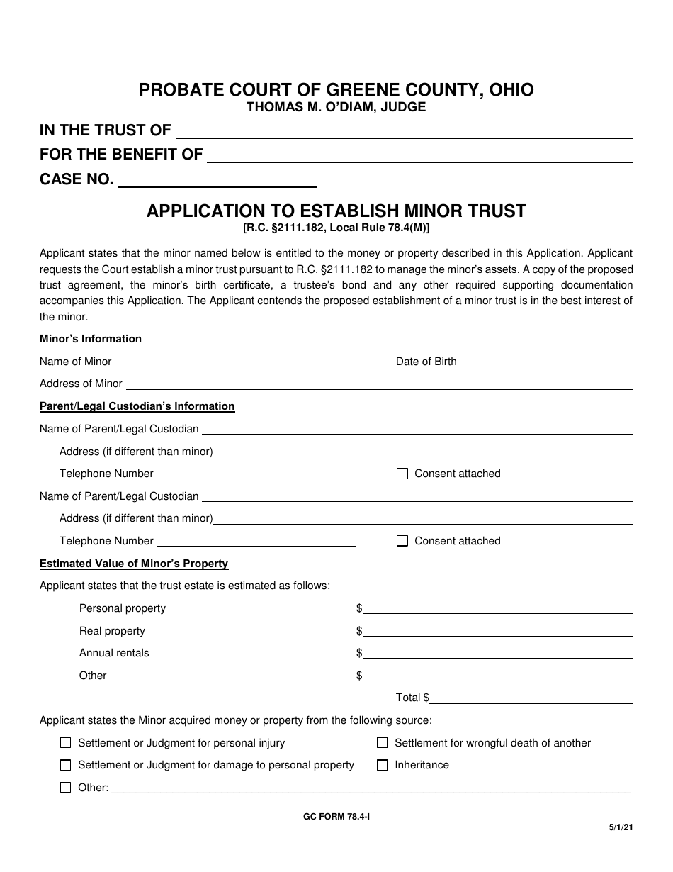 GC Form 78.4-I Application to Establish Minor Trust - Greene County, Ohio, Page 1