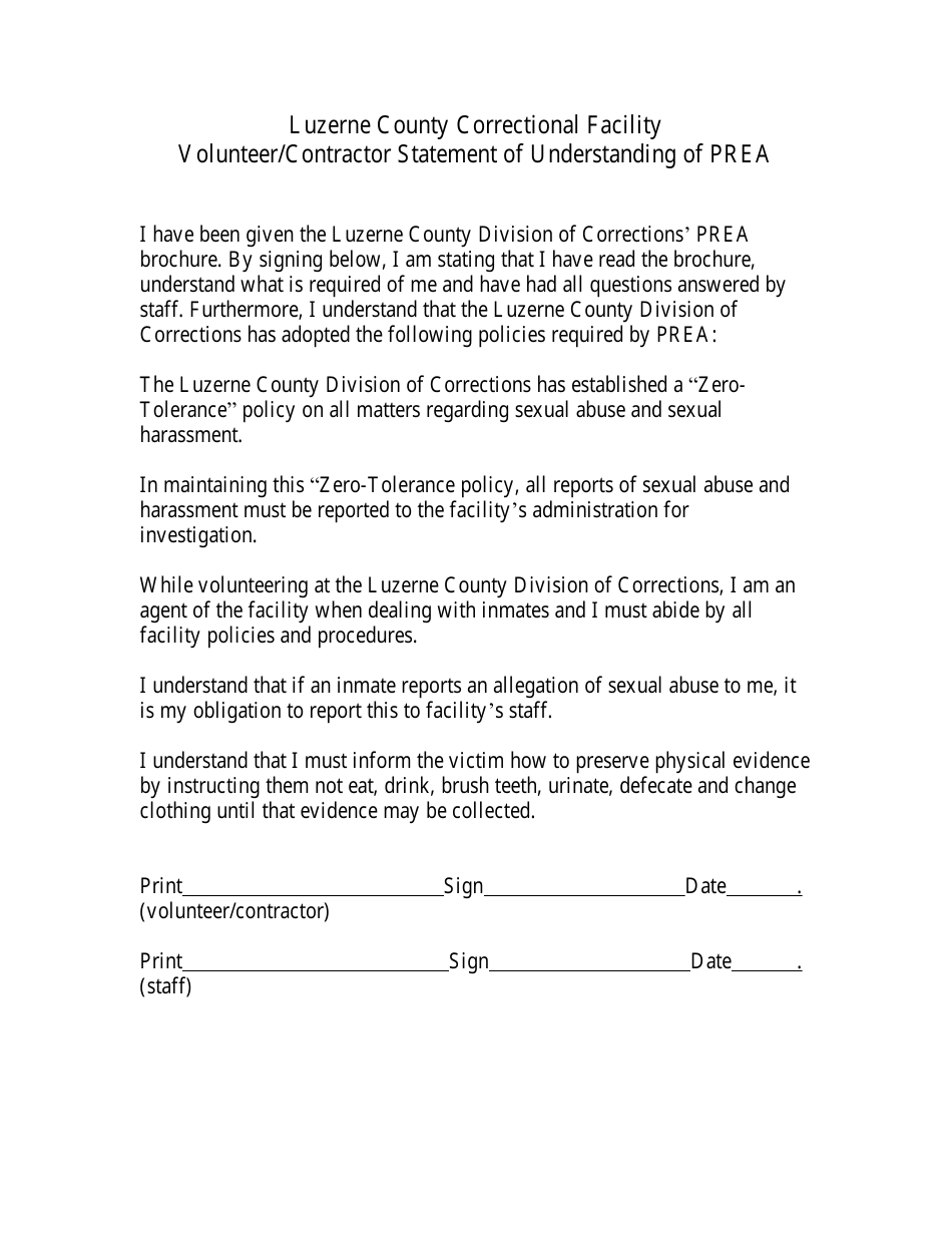 Volunteer / Contractor Statement of Understanding of Prea - Luzerne County, Pennsylvania, Page 1