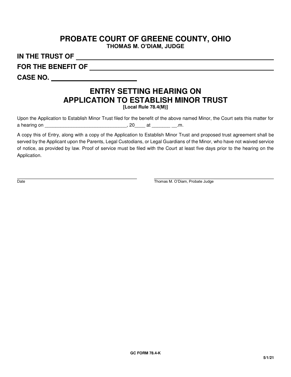 GC Form 78.4-K Entry Setting Hearing on Application to Establish Minor Trust - Greene County, Ohio, Page 1