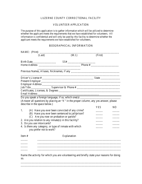 Volunteer Application - Luzerne County, Pennsylvania Download Pdf