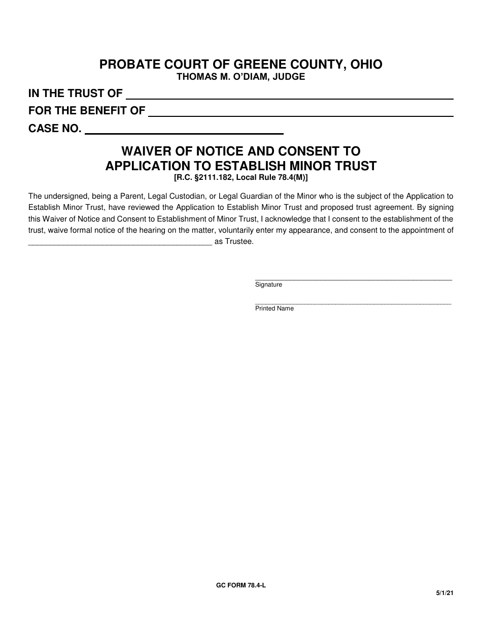 GC Form 78.4-L Waiver of Notice and Consent to Application to Establish Minor Trust - Greene County, Ohio, Page 1