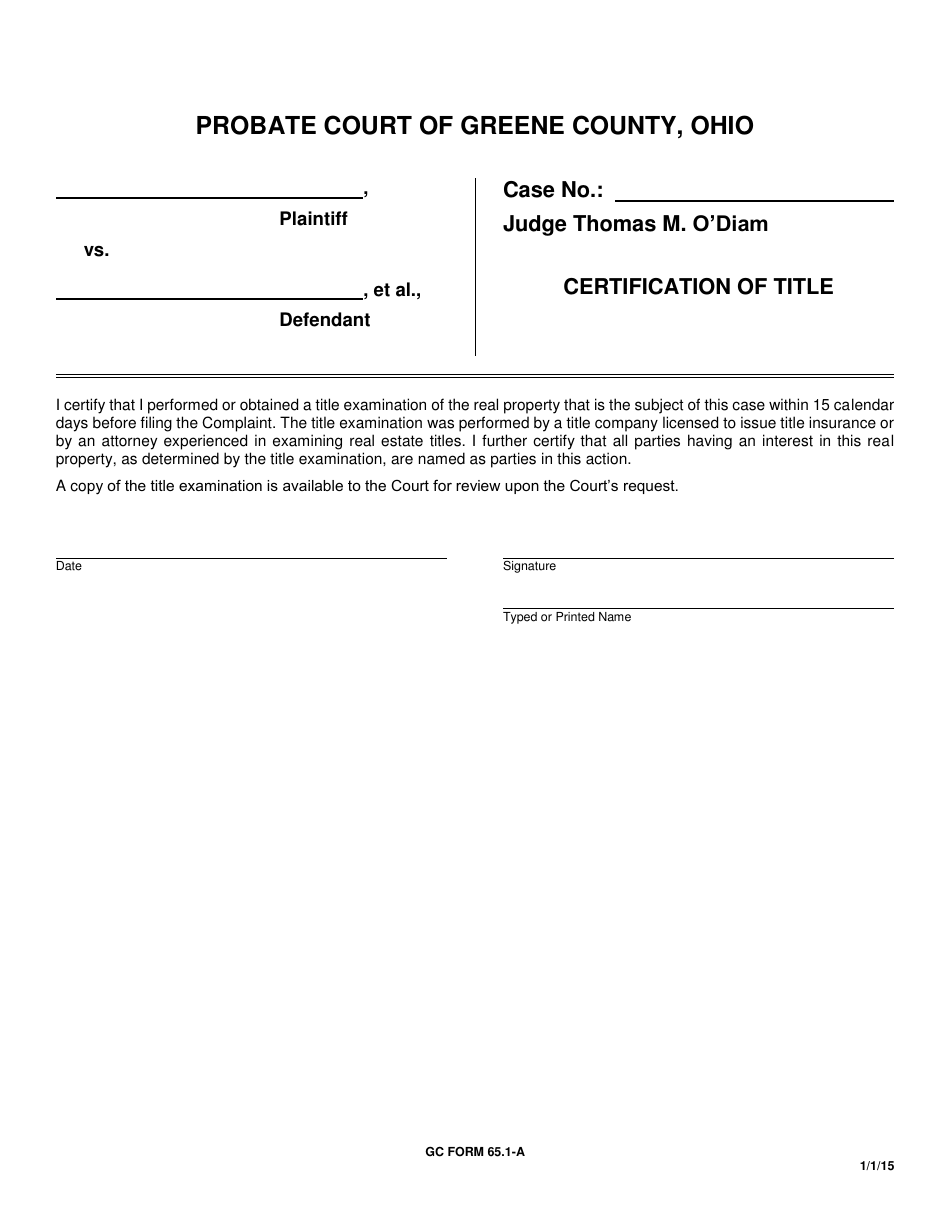 GC Form 65.1-A Certification of Title - Greene County, Ohio, Page 1