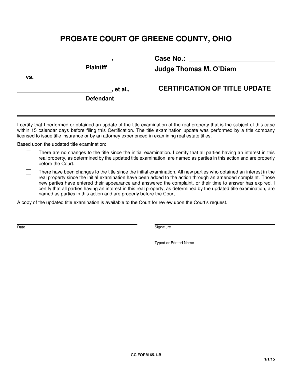 GC Form 65.1-B Certification of Title Update - Greene County, Ohio, Page 1