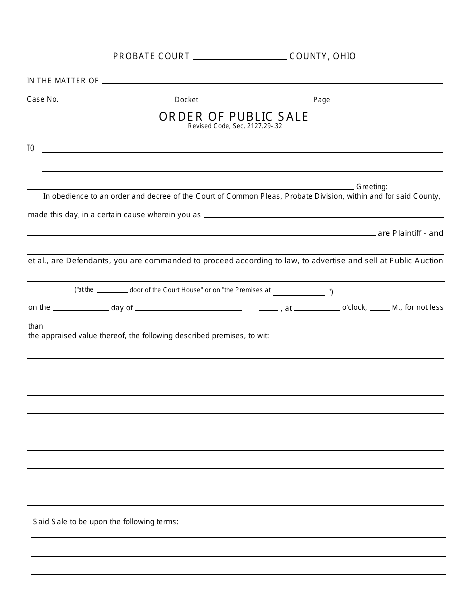 Form PC-043 Order of Public Sale - Greene County, Ohio, Page 1