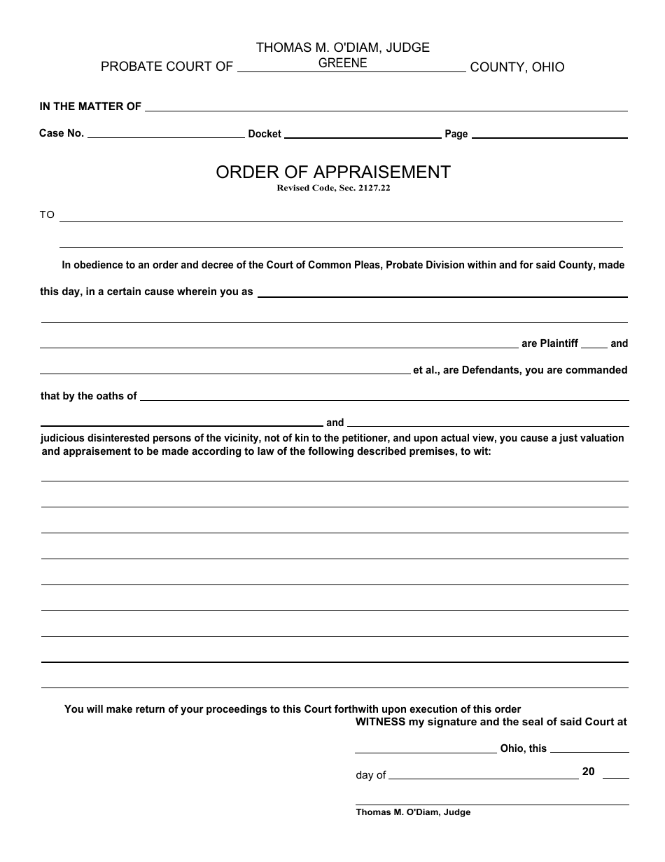 Form PC-041 Order of Appraisement - Greene County, Ohio, Page 1