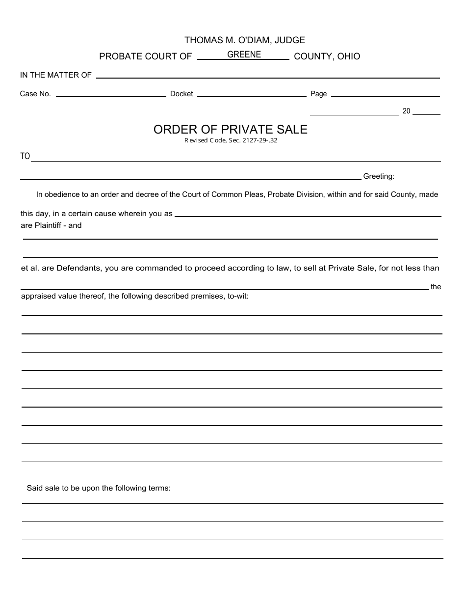Form PC-042 Order of Private Sale - Greene County, Ohio, Page 1