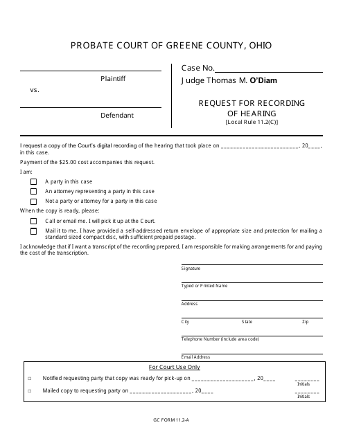 GC Form 11.2-A Request for Recording of Hearing - Civil/Miscellaneous - Greene County, Ohio