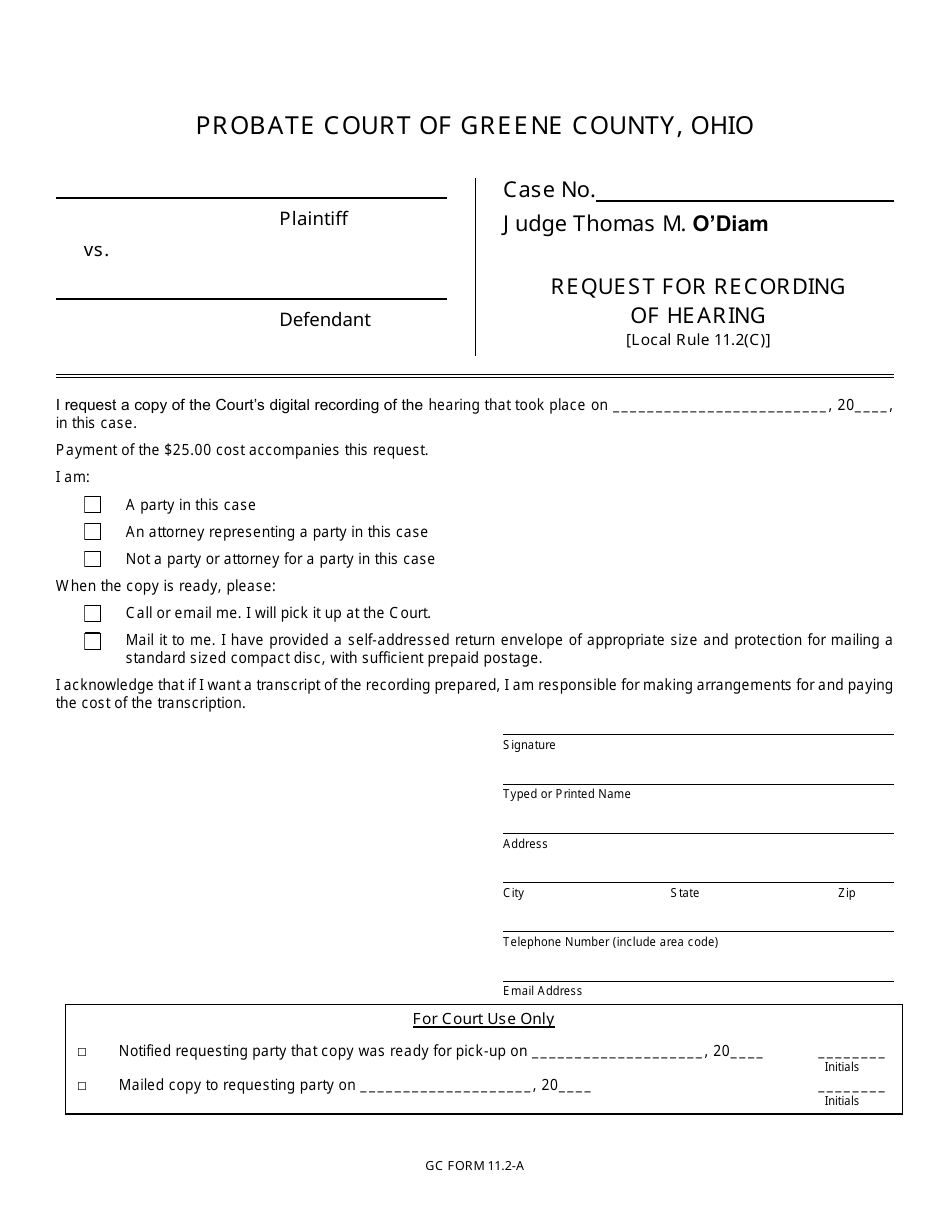 GC Form 11.2-A Request for Recording of Hearing - Civil / Miscellaneous - Greene County, Ohio, Page 1