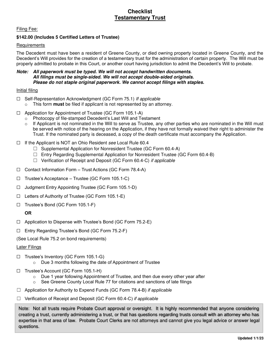 Checklist - Testamentary Trust - Greene County, Ohio, Page 1